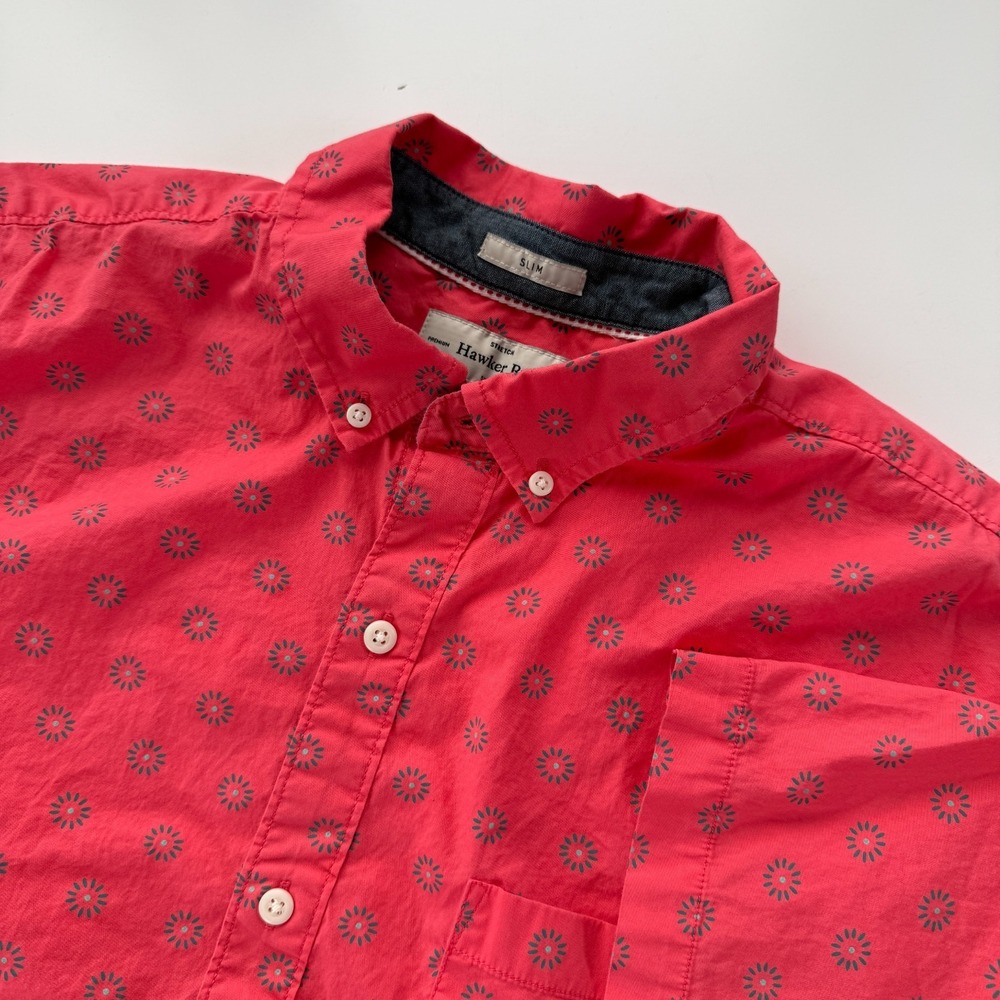HAWKER RYE Short Sleeve Button Down Shirt Mens XL‎ Pink Geometric Pattern Slim